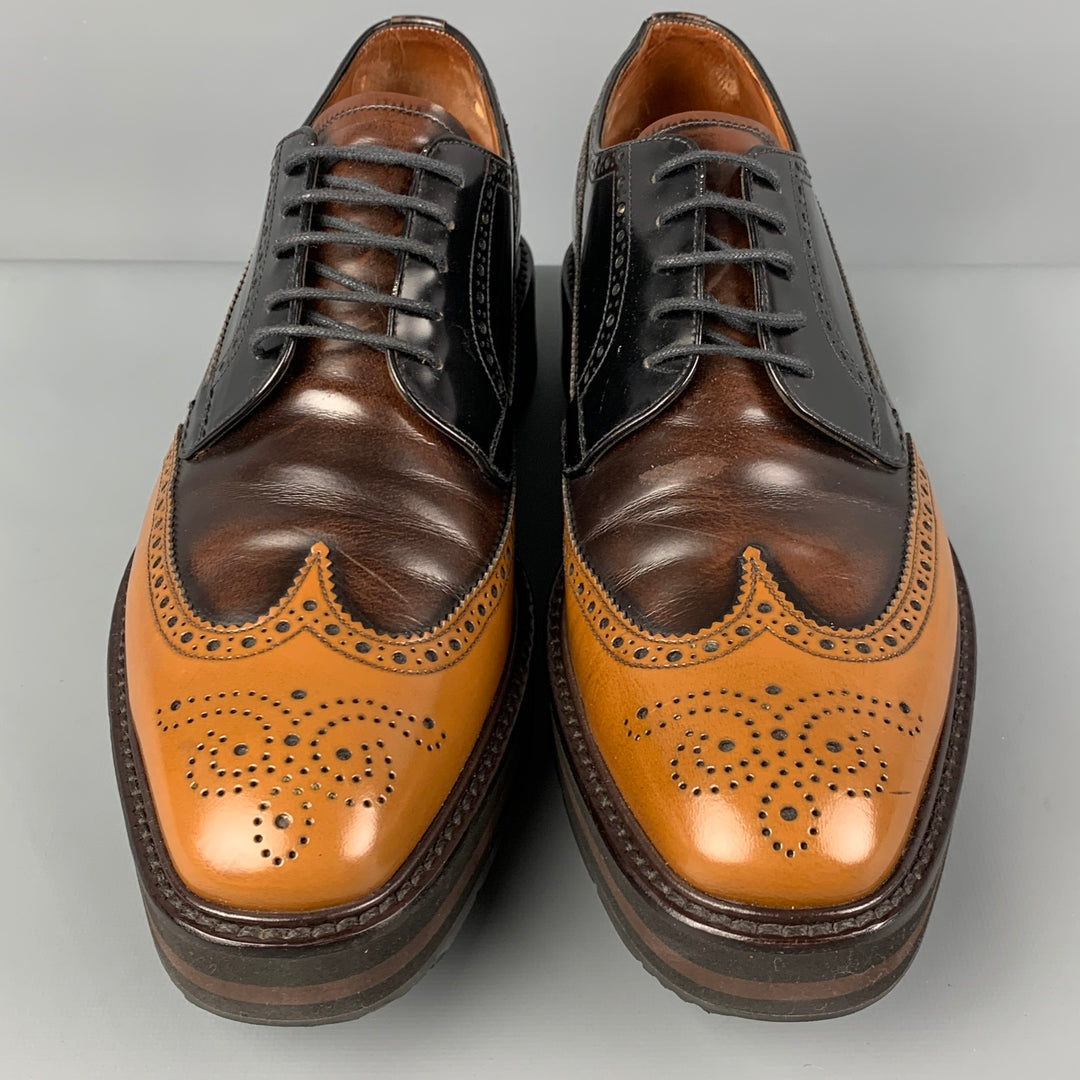 PRADA Size 10 Brown Tan Perforated Leather Wingtip Lace Up  display picture 3