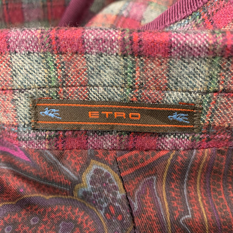 ETRO Size 40 Grey Burgundy Checkered Cotton Blend Notch Lapel Sport Coat