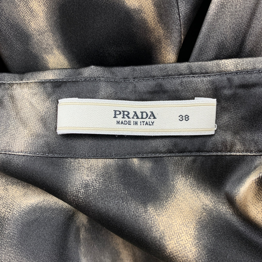 PRADA Size 2 Black & Beige Satin Silk Buttoned Blouse
