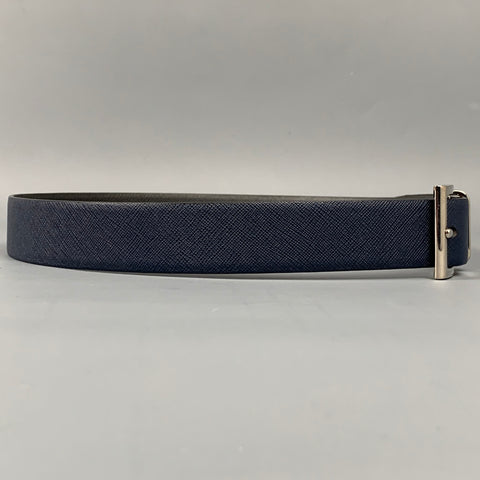 PRADA Size 34 Navy & Grey Textured Saffiano Leather Reversible Belt