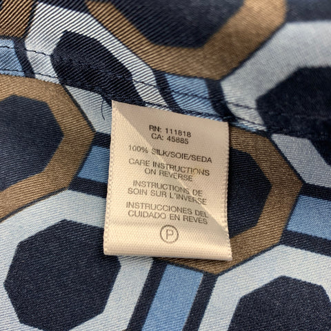 MICHAEL KORS Size XL Blue & Brown Print Silk Button Up Long Sleeve Shirt
