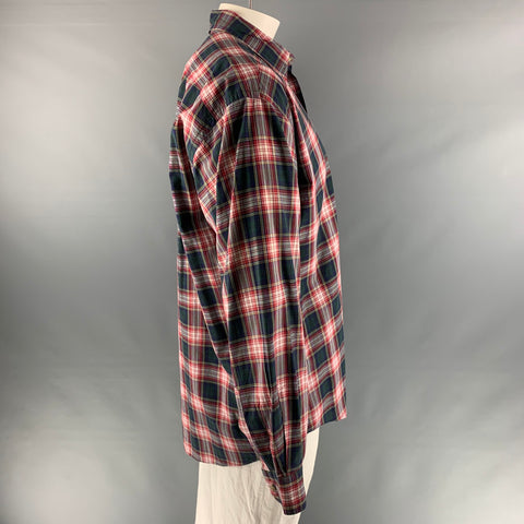 FACONNABLE Size XL Red Green Plaid Cotton One pocket Long Sleeve Shirt