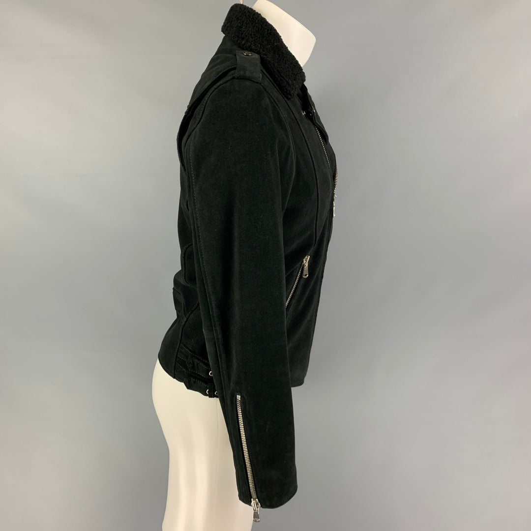 THE KOOPLES Size M Black Leather Shearling Collar Biker Jacket