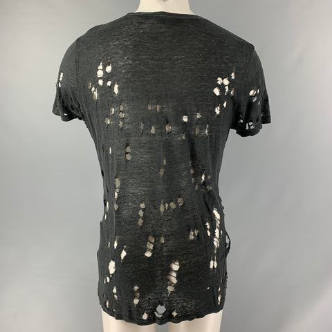 IRO Size S Black Distressed Linen Crew-Neck T-shirt