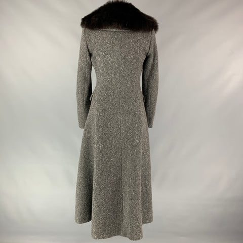 RALPH LAUREN Black Label Size 4 Grey Heather Herringbone Wool / Cashmere Fur Collar Coat