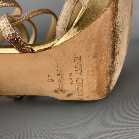 JIMMY CHOO Size 9 Gold Sparkle Leather Strappy Metal Heel Sandals