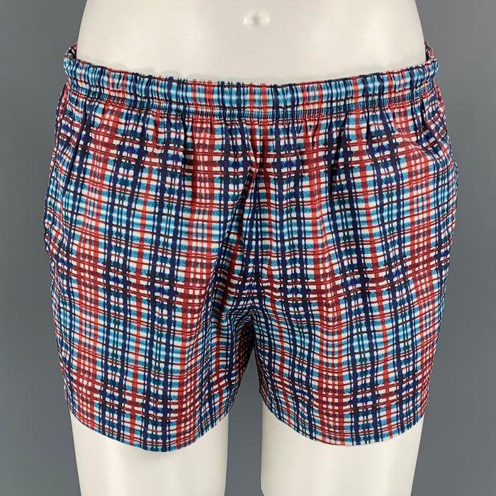 PRADA Size 36 Blue & Red Plaid Drawstring Swim Trunks