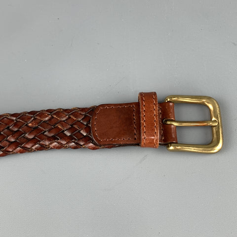 VINTAGE Taille 36 Ceinture à boucle en laiton tressé en cuir brun doré