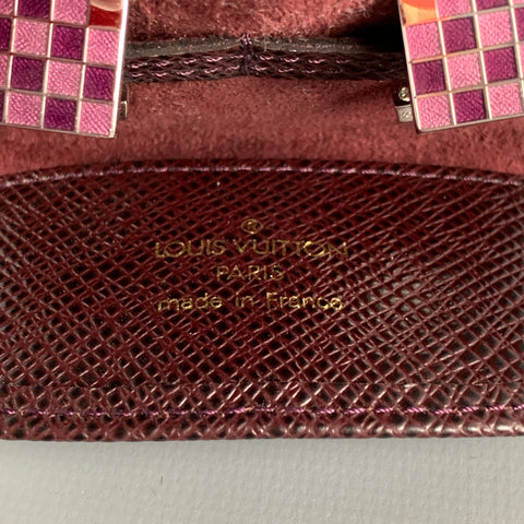 LOUIS VUITTON Burgundy Checkered Leather Enamel Damier Sterling Silver Cuff Links