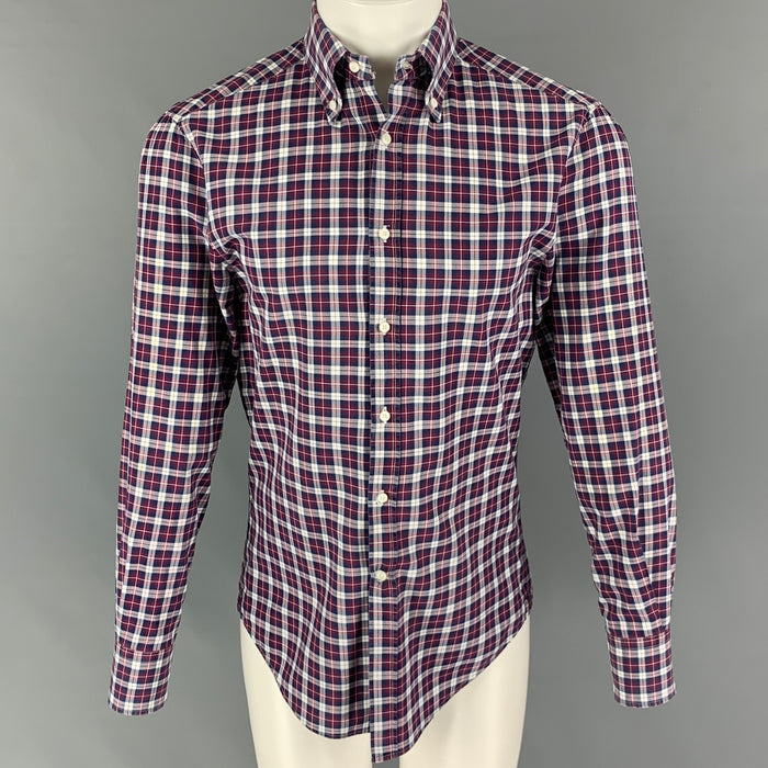 BRUNELLO CUCINELLI Talla S Camisa de manga larga con botones a cuadros burdeos azul marino