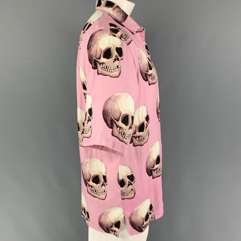 ENDLESS JOY Talla XL Camisa Manga Corta Campamento Tencel Rayón Calaveras Rosa Marrón