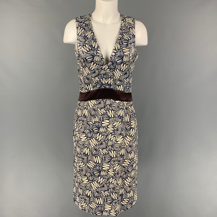 CELINE Size 4 Navy White Silk Abstract Sleeveless Dress