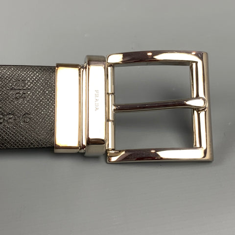 PRADA Size 34 Navy & Grey Textured Saffiano Leather Reversible Belt