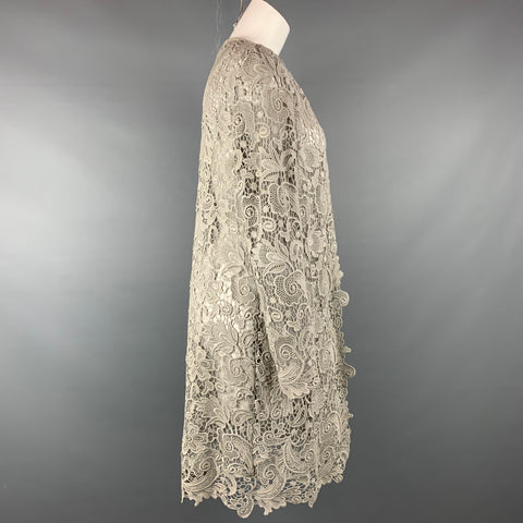 RALPH LAUREN Black Label Size 10 Light Gray Lace Textured Cotton Leather Trim Cardigan