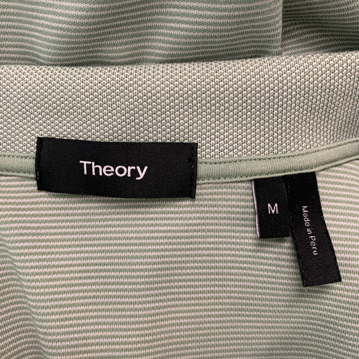 THEORY Size M Green White Stripe Cotton  Polyester Short Sleeve Polo