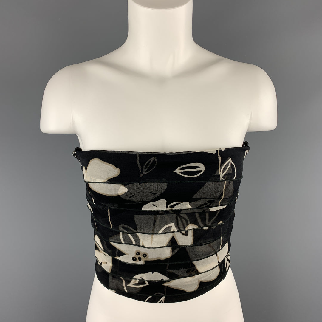ARMANI COLLEZIONI Size 4 Black & Grey Floral Layered Silk Strapless Shell Top