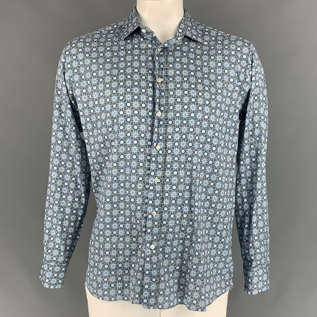 ETRO Size XL Blue & White Abstract Floral Cotton Long Sleeve Shirt