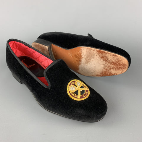 ITZ A STITCH Size 8.5 Black Embroidery Velvet Slippers Loafers
