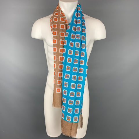 IKE BEHAR Brown & Blue Orange Square Print Cotton Scarf