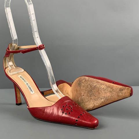 MANOLO BLAHNIK Size 6.5 Red Leather Perforated Ankle Strap Pumps