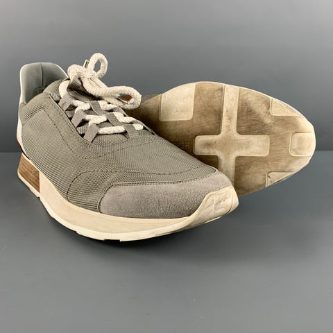 HERMES Size 11 Grey White Textured Nylon/Suede/Leather  Sneakers