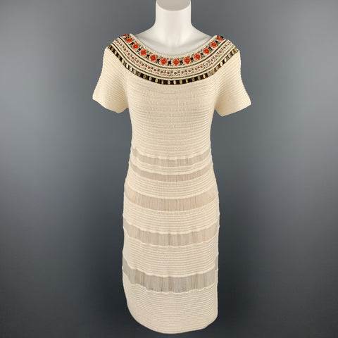 ESCADA Taille 8 Robe à col bateau en tricot de soie beige et perles