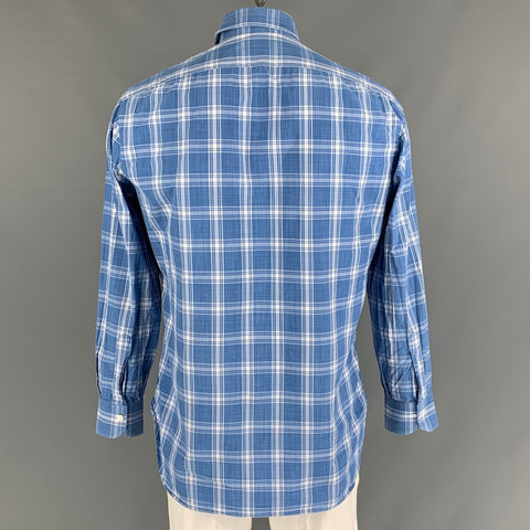 KITON Size L Blue and White Plaid Cotton Button Down Long Sleeve Shirt