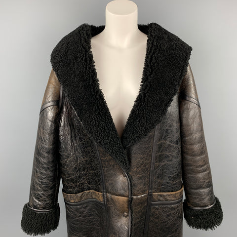 GOLDEN GOOSE Taille S Manteau surdimensionné à capuche en cuir craquelé marron foncé