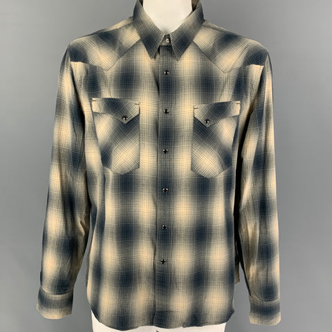 RRL by RALPH LAUREN Size XXL Grey Navy Plaid Button Up Long Sleeve Shirt