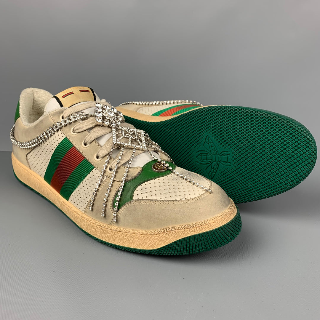 GUCCI Size 15 Off White Green Distressed Leather Crystal Screener Sneakers
