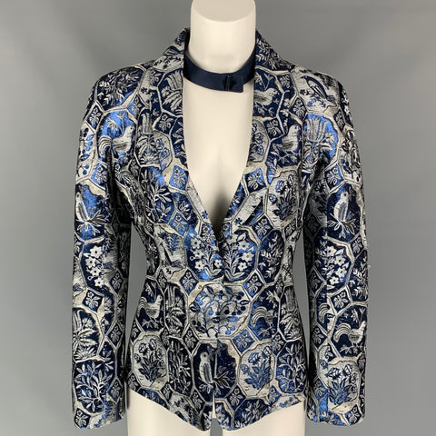 GIORGIO ARMANI Size 2 Blue & Grey Jacquard Acetate Blend Shawl Collar Jacket
