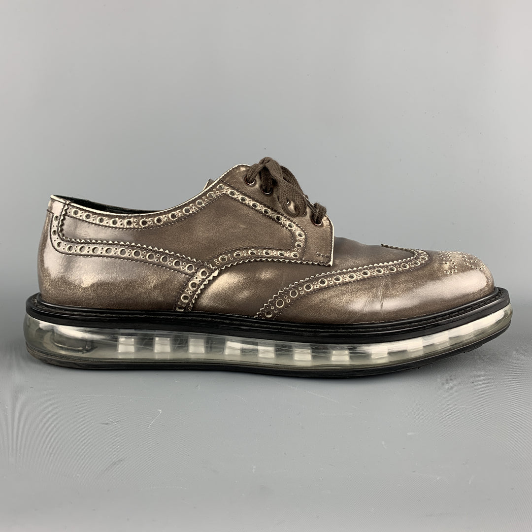 PRADA Levitate Size 10.5 EE Taupe Antique Leather Wingtip Lace Up Shoes PRADA Levitate Size 10.5 EE Taupe Antique Leather Wingtip Lace Up Shoes
