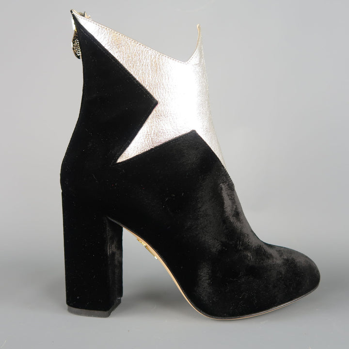 CHARLOTTE OLYMPIA Size 7 Black Velvet Silver Leather Galactica Boots
