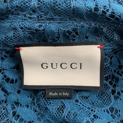 GUCCI S/S 16 Size S Teal Sheer Lace Embroidery Polyamide Blend Long Sleeve Shirt