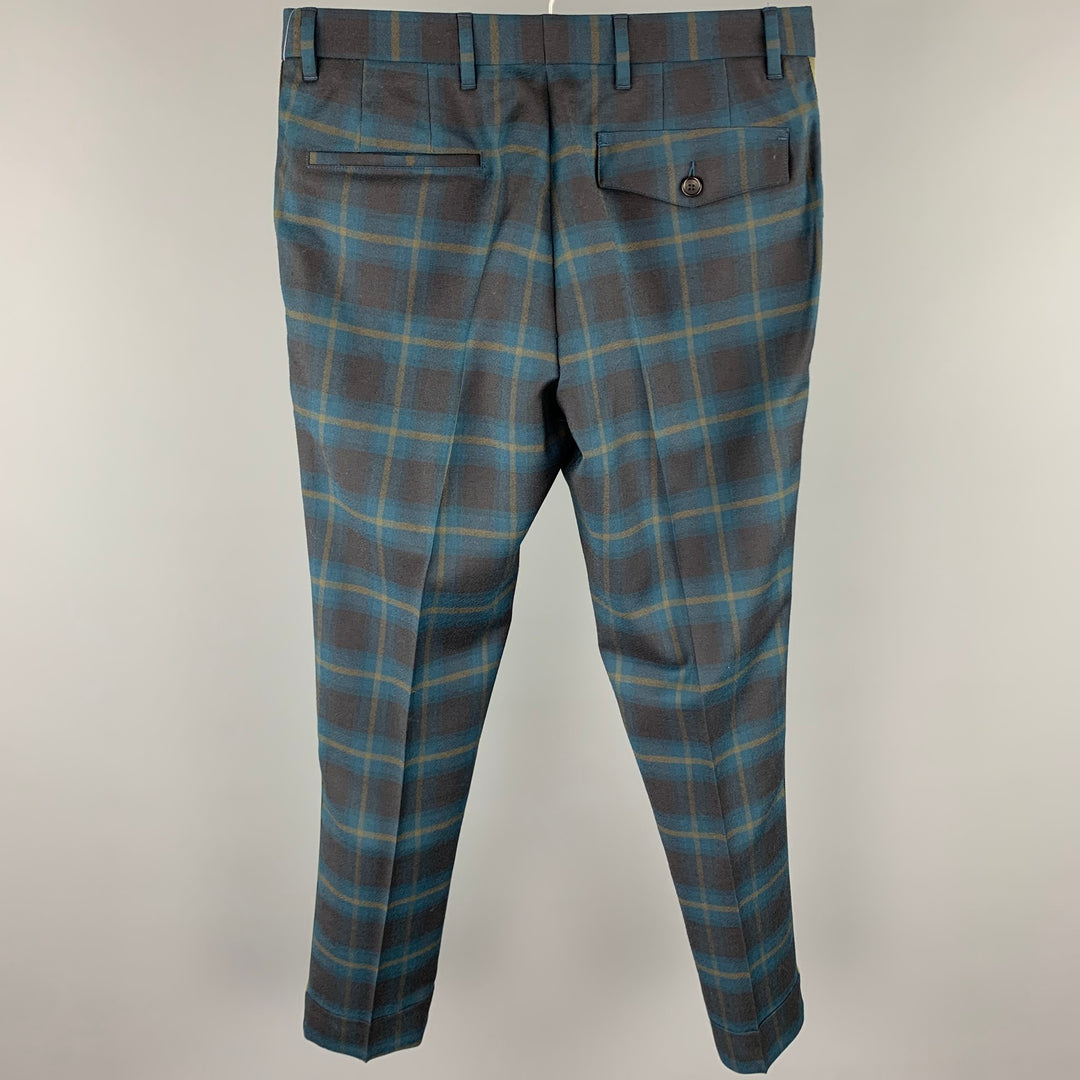 PAUL SMITH Taille 30 Pantalon habillé en laine à carreaux vert et bleu Zip Fly