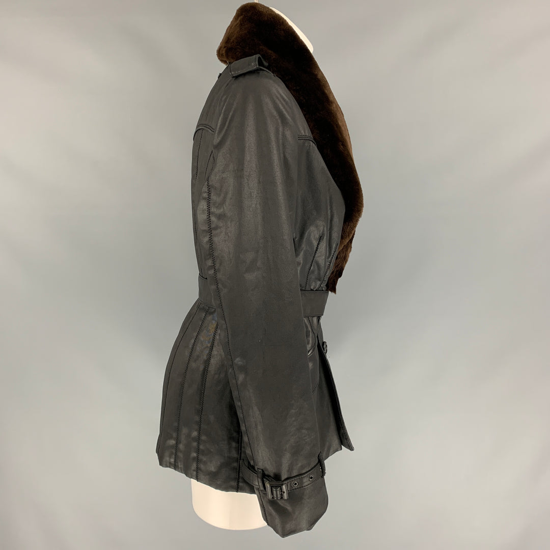 JEAN PAUL GAULTIER Size 10 Black Coated Cotton Belted Double Breasted Jacket
