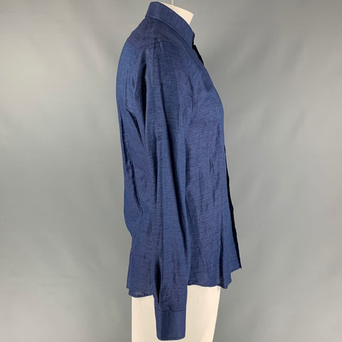 BROOKLYN TAILORS Size XL Navy Heather Linen &  Cotton Button Up Long Sleeve Shirt