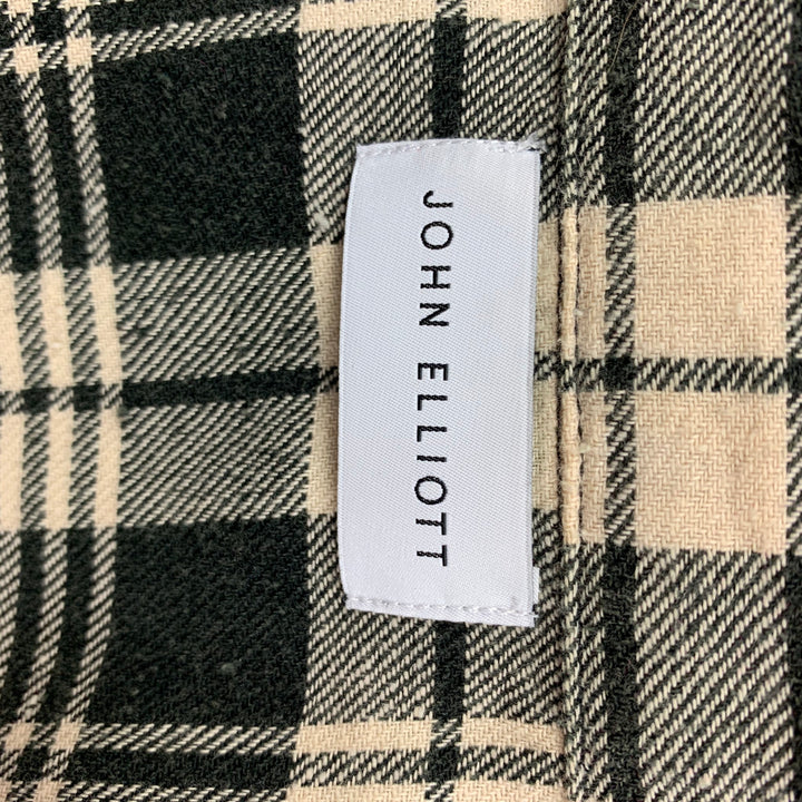 JOHN ELLIOTT Size L Black Beige Plaid Cotton Cropped Long Sleeve Shirt