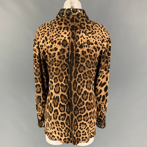 DOLCE & GABBANA Size S Tan Brown Viscose Blend Animal Print Hidden Placket Shirt