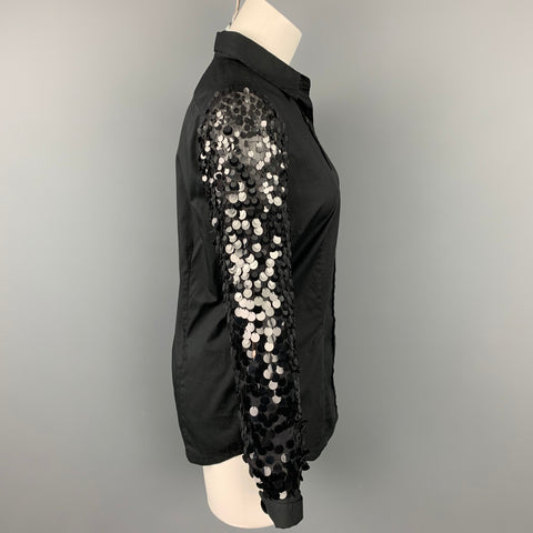 DRIES VAN NOTEN Size 6 Black Cotton / Silk Sequined Sleeves Blouse