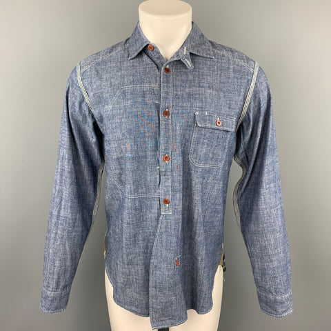 JUNYA WATANABE Size L Blue & Green Patchwork Chambray Long Sleeve Shirt