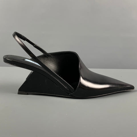 Zapatos de cuña con tira trasera de cuero negro PRADA talla 7.5