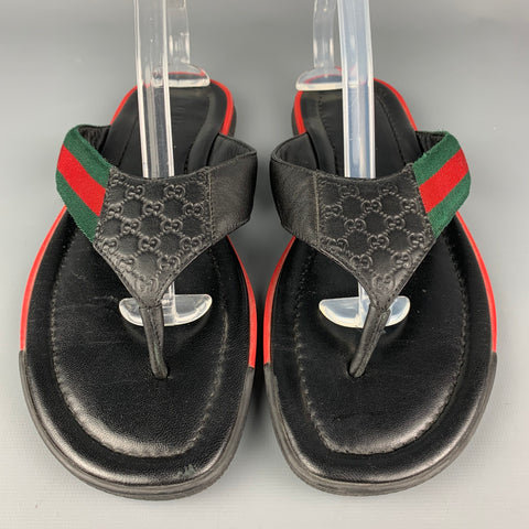 GUCCI Talla 9 Sandalias de dedo de cuero de tejidos mixtos en negro y rojo