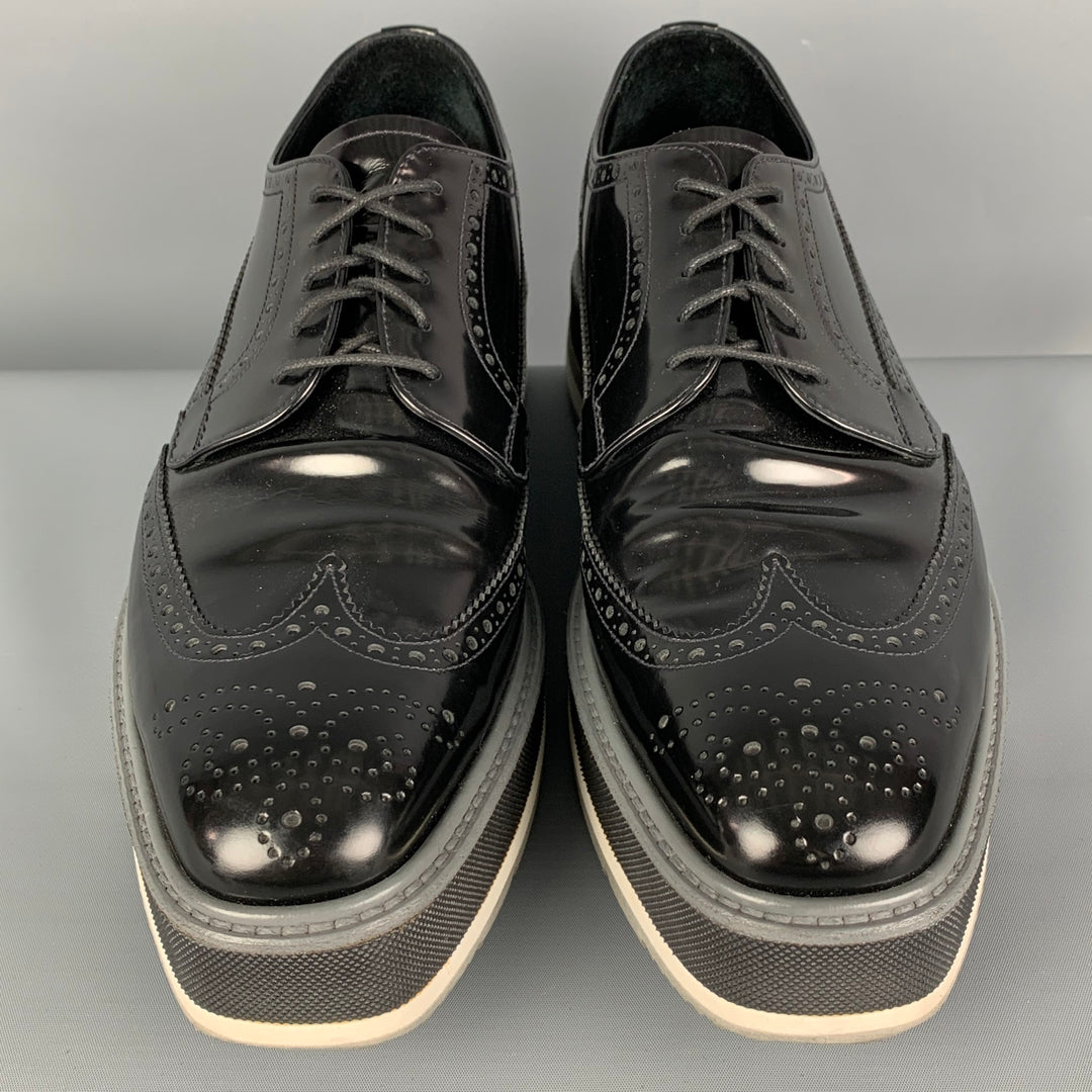 PRADA Size 9 Black Perforated Leather Wingtip Platform Lace Up Shoes