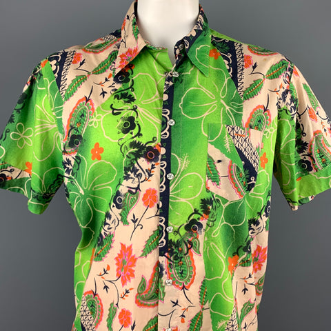 HUGO BOSS Size XL Green Print Cotton Short Sleeve Shirt