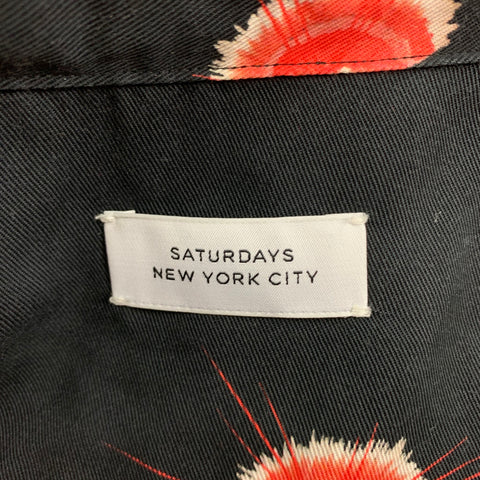 SATURDAYS NYC Size L Black Orange Erte Print Tencel Camp Short Sleeve Shirt