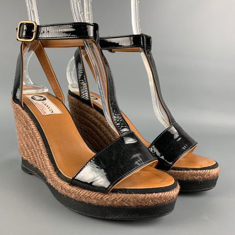 LANVIN Talla 8 Sandalias de cuña de alpargata de charol negro y tostado