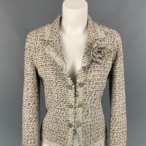 CHANEL Talla 6 Chaqueta de mezcla de algodón boucle color crema y negro