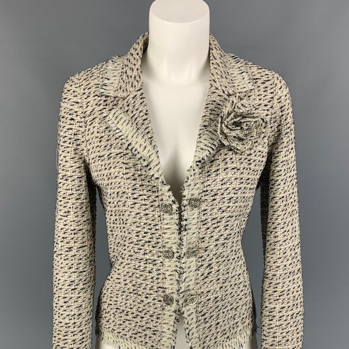 CHANEL Size 6 Cream & Black Boucle Cotton Blend Jacket