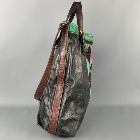 DRIES VAN NOTEN Brown & Green Patchwork Beaded Leather Handbag
